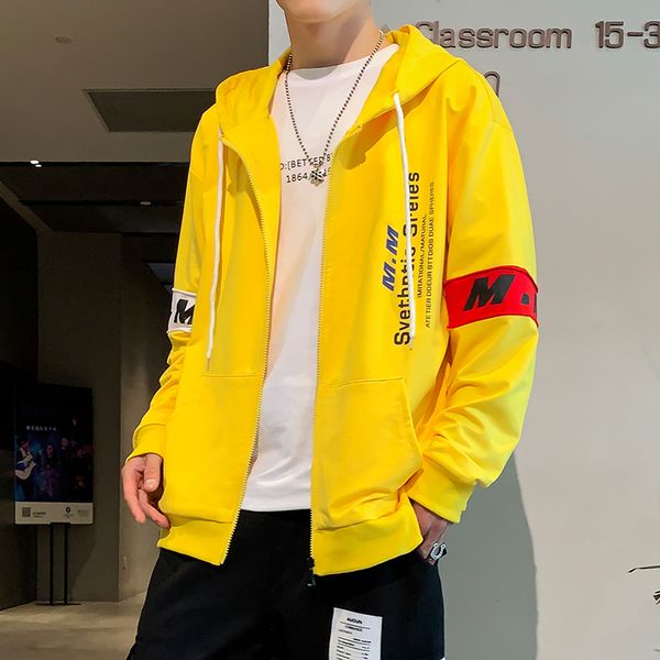

2020 spring new yellow fashion hooded sweatshirt men hip hop zipper hoodies sweatshirt streetwear clothes, Black