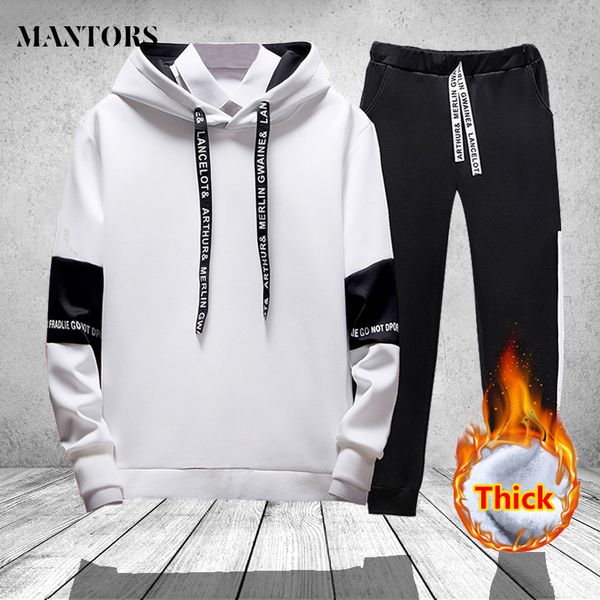 

winter casual tracksuit men hoodies set with pant two pieces printed thick hooded hoodies jacket + pants track suit mens clothes, Gray