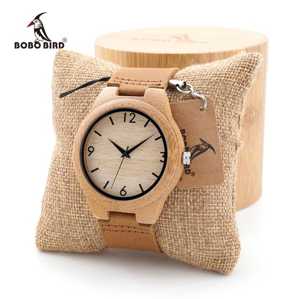 

bobo bird mens womens bamboo wooden quartz watch japanese 2035 movement watch with genuine leather band as valentine's day gift, Slivery;brown