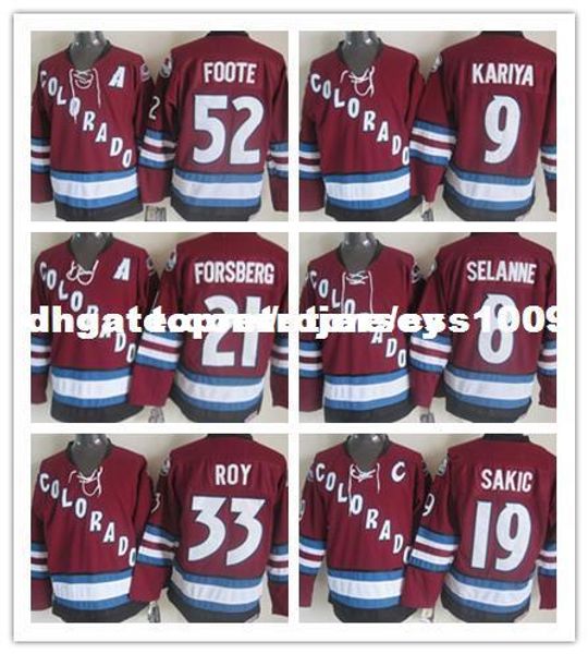 

custom colorado avalanche #8 teemu selanne 9 paul kariya 19 joe sakic 21 peter forsberg 33 patrick roy 52 adam foote stitched jersey, Black;red