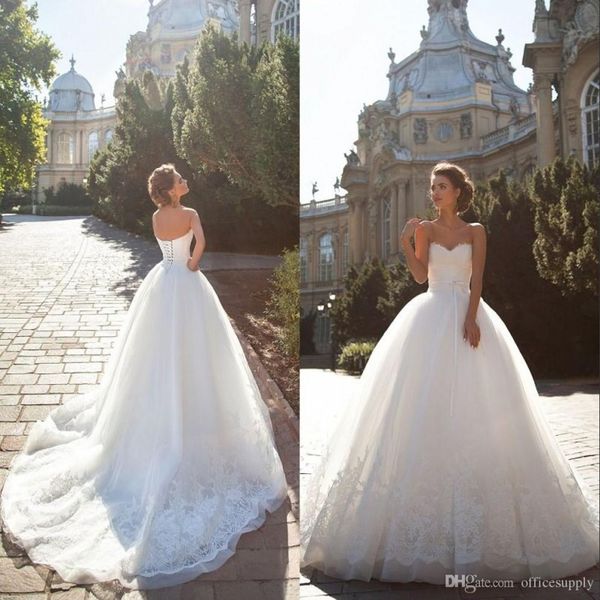 

роскошные бальные платья принцесса кружева свадебные платья 2019 новый милая без рукавов на шнуровке поезд часовня тюль аппликации свадебные, White