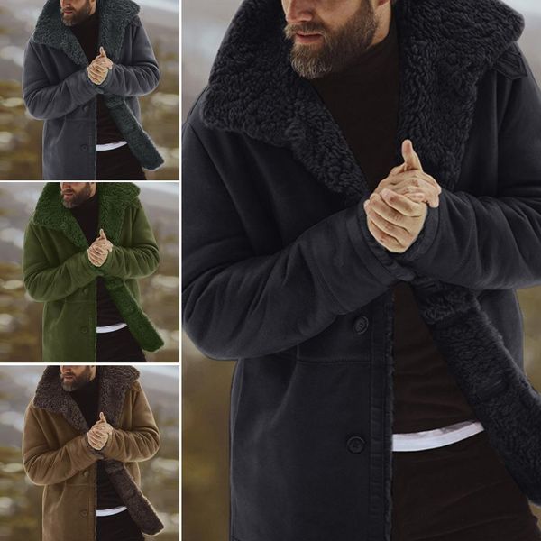 

men winter solid color lapel collar pocket single-breasted thickened warm coat men's long solid color with woolly hoodie, Black