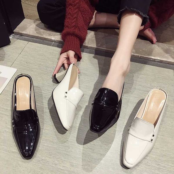 

japanned leather square toe solid mules slippers thick heels summer women shoes casual brief comfy femme slides metal rivet 2020, Black