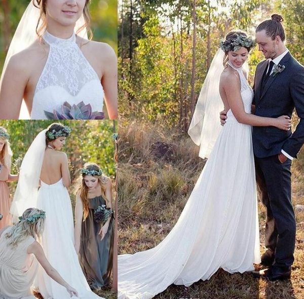 

halter chiffon beach wedding dresses 2020 new design custom made vestios de marriage court train a-line backless boho lace bridal gowns w182, White