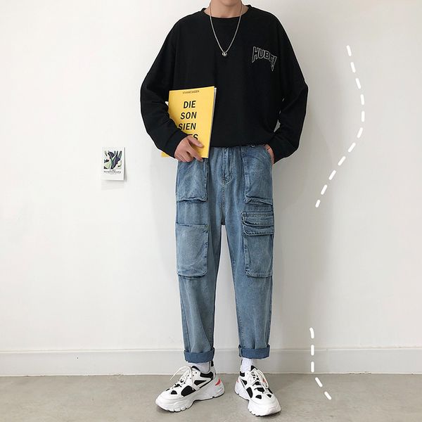 

2019 spring fashion solid color more pockets decorate straight men blue jeans casual vintage style directly male pants s-2xl