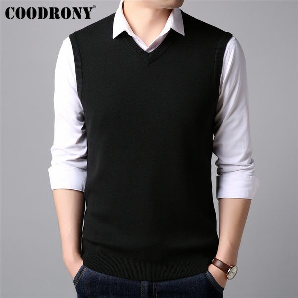 

coodrony sleeveless v-neck vest mens sweaters knitwear pull homme cashmere cotton sweater men classic casual wool pullover 91007, Black;white