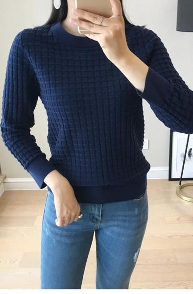 

women sweater 2019new age-old versatile concave and convex square checkered round neck sweater top, White;black