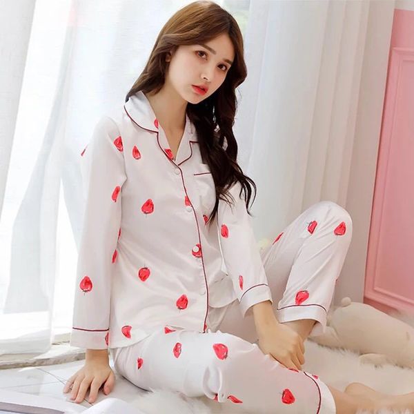 

spring and autumn pajamas long sleeve girl's imitated silk fabric strawberry fold-down collar open buckle-outer wear trousers ho