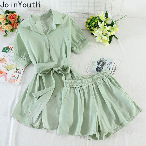 

joinyouth women two piece set and pants korean summer clothes loose slim fit lace blouses wide leg short pants 2 piece set, White