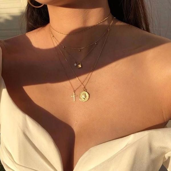 

многослойная ожерелье женщины креста замок ожерелья ювелирных изделий цепи цвета золота европейский модные персонализированные девушки цинко, Silver