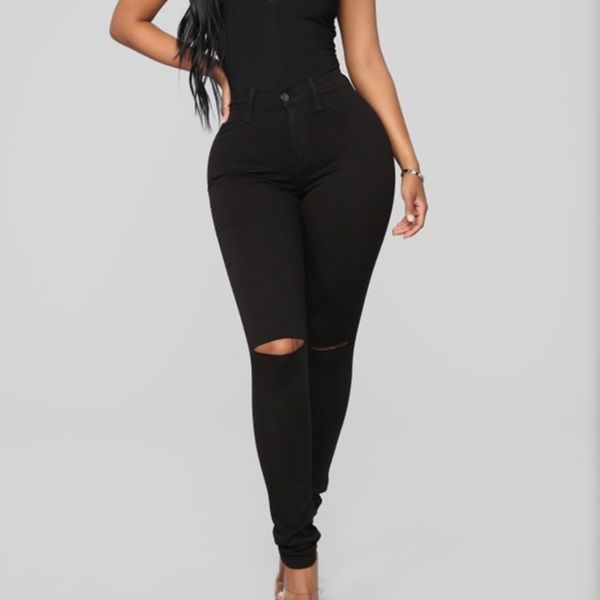 

all-match ripped women denim jeans fit high waist stretched elastic femme fringe hem denim skinny jeans female trousers#g5, Blue
