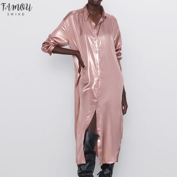 

женщины длинные платья осень 2020 новая мода блестящий розовый сатин материал полное рукава платья рубашки современная леди длинные, Black;gray