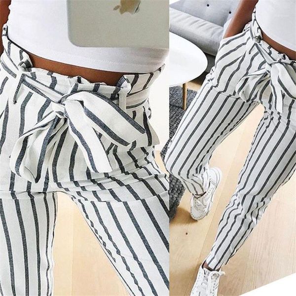 

waist designer women pencil pants contrast color fashion famale pants casual striped print pants with belt high, Black;white