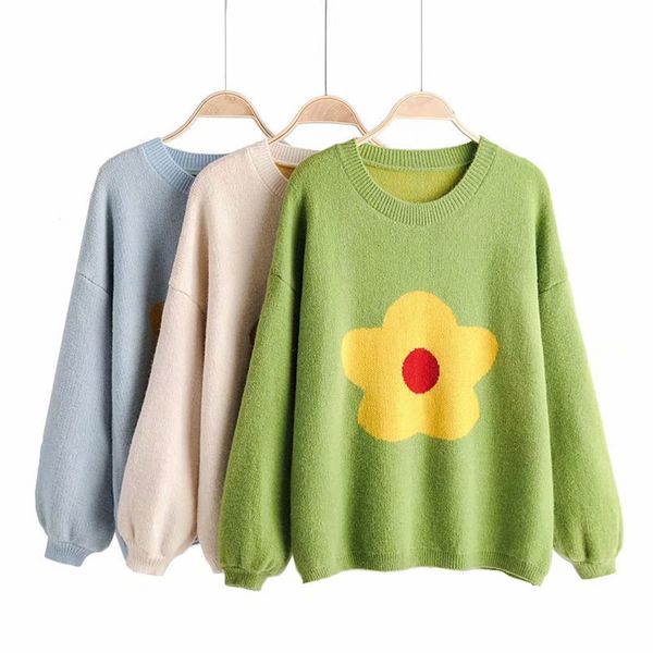 

female o-neck casual sweater cartoon flower print lantern sleeve loose pullovers candy color blouse women cashmere coat, White;black