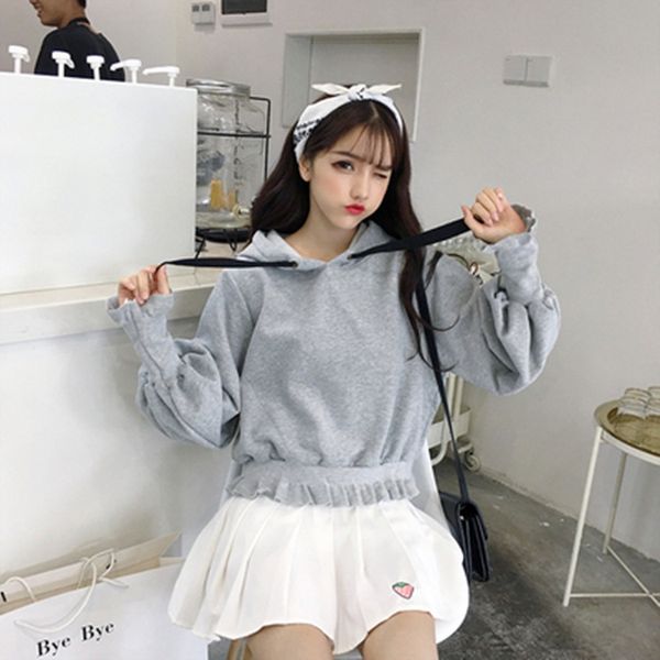 

sweater female lantern sleeves plus velvet hooded solid color puff sleeves short lace thread long sleeve jacket, Black
