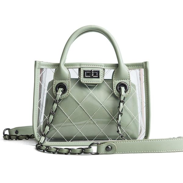 

лето lingge jelly tote женщины мода прозрачный цепи сумка женская пвх пряжки композитные сумки женщины solid color new