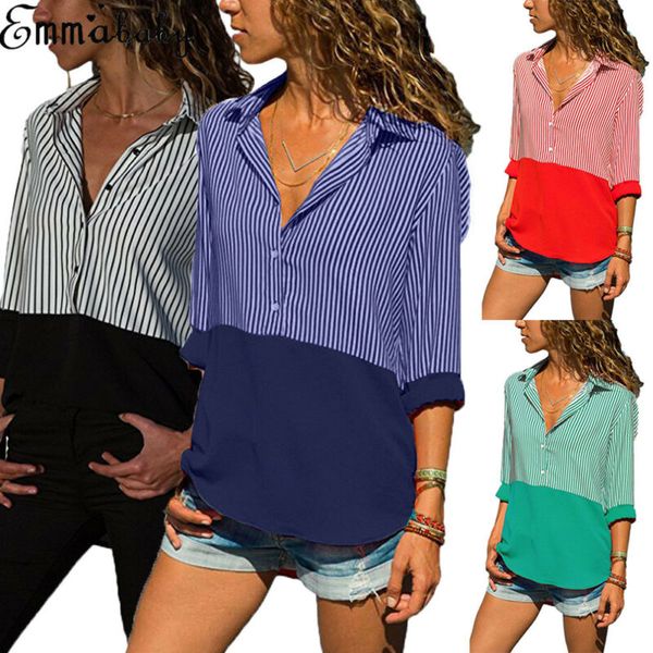 

fashion spring new cool women shirt smoothy ladies striped long sleeve loose blouse summer v-neck casual shirt, White