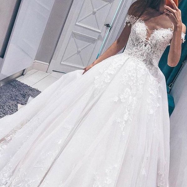 

2020 princess off shoulder vintage wedding dresses sweetheart vestido de noive lace appliques bride gowns chapel robe de mariee, White