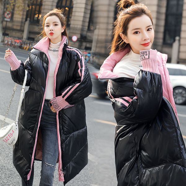 

2020 new style bright surface down jacket women mid-length winter korean -style new style loose and plus-sized long warm coat, Black