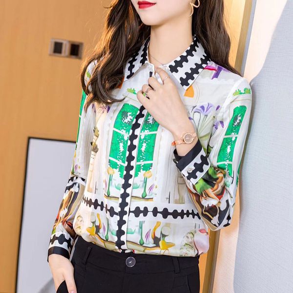 

womens designer shirt temperament season slim slimming positioning printing long sleeve silk shirt womenam75, White