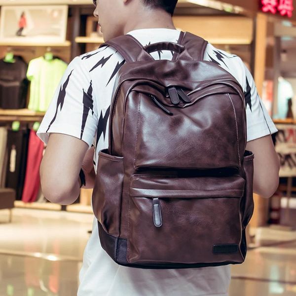 

pure color couple leather large capacity backpack lapsatchel travel school rucksack bag outdoor minimalist daypack#