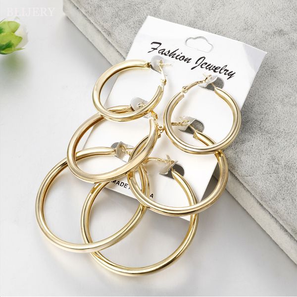 

blijery 3pairs gold color fashion thick big hoop earrings set for women statement circle earrings brincos femme punk jewelry, Golden;silver