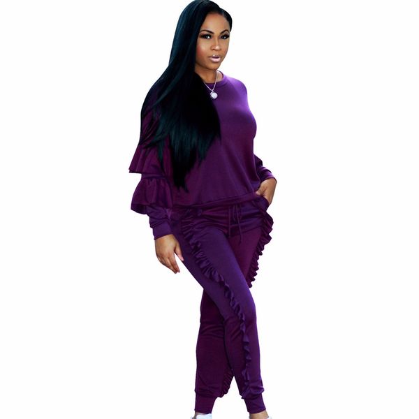 

2019 long sleeve autumn winter 2 two piece set ruffle pocket casual fashion sweatshirt tracksuit outfit women suit plus size hot, White