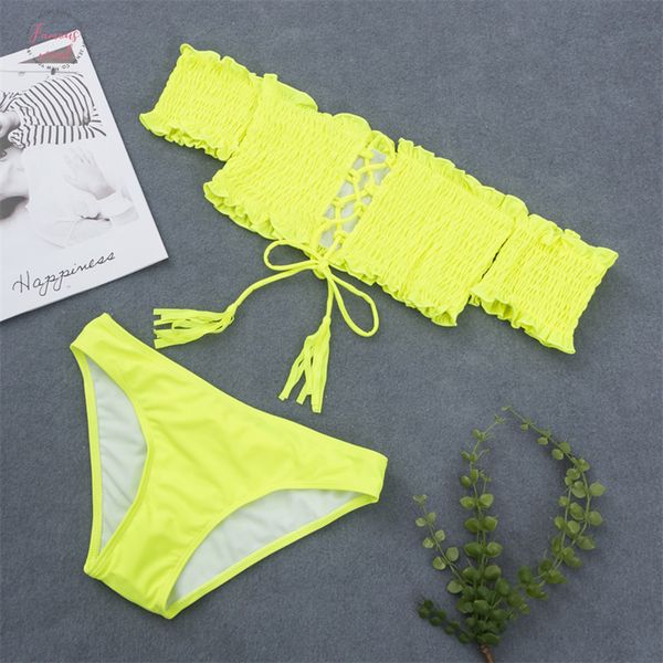 

2019 lace up brazilian bikini swimwear women swimsuit off shoulder bikinis women bandeau biquini bathing suit neon yellow, White;black
