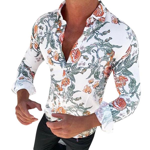 

nuevos hombres de la moda camisa floral de manga larga camisa informal moda 3d rose imprimir cuello vuelto delgada, White;black