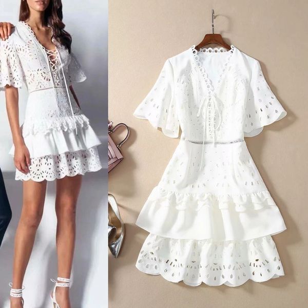 

2020 summer european and american catwalk models high-quality hollow embroidery v-neck waist waist flared sleeves ruffle dress, White;black