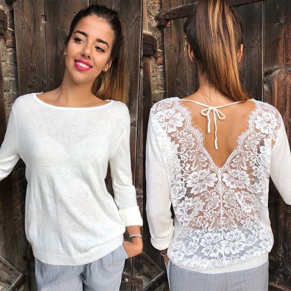 

trendy lace shirt women long sleeve loose round neck blouses casual backless elegant ladies shirts, White