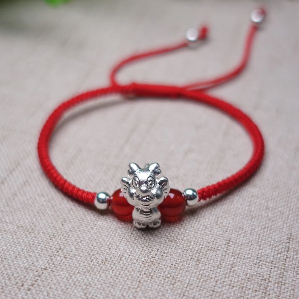 

s990 real sterling silver chinese zodiac red bracelet bangle wax string amulet fashion gift handmade jewelry, Golden;silver