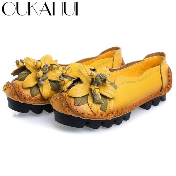 

oukahui chinese style handmade slip-on shoes woman genuine leather flats with flower spring autumn flat leisure shoes women soft, Black