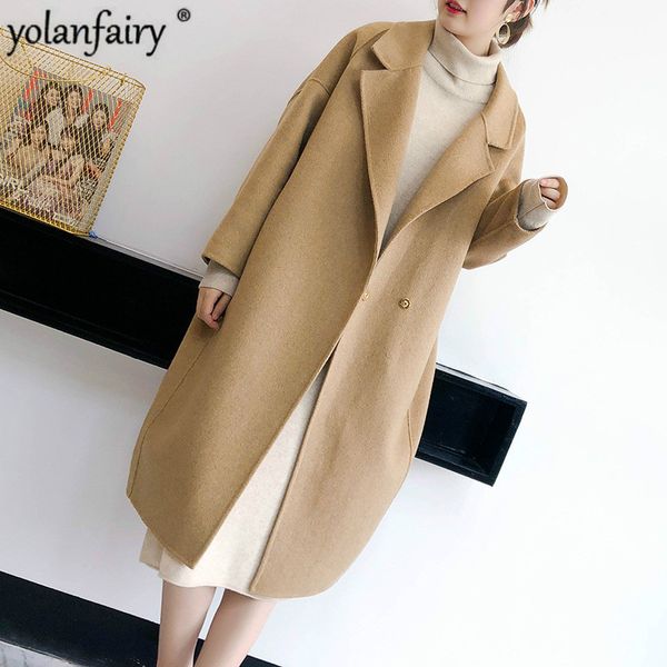 

yolanfairy 100% wool coat women long jacket spring autumn korean coats female oversized coat 2020 casaco feminino wbs-015 kj4794, Black
