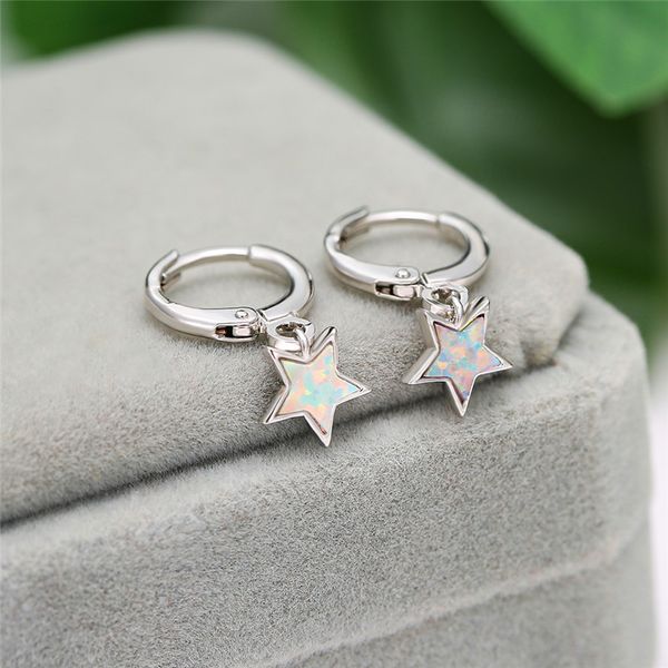 

simple female blue white opal earrings dainty silver color small hoop earrings for women charm bridal star wedding, Golden;silver