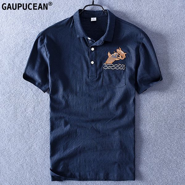 

linen cotton cool breathable soft men t shirt short sleeve fish embroidery summer casual turn-down collar quality man t-shirts, White;black
