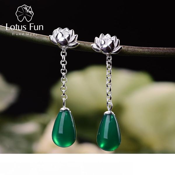 

fun real 925 sterling silver natural agate creative handmade fine jewelry water lotus drop earrings for women brincos mx190720, Golden;silver