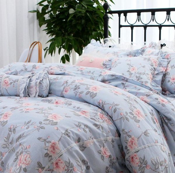

pastoral blue flower bedding set girl,twin full  king cotton single double home textile bed skirt pillow case duvet cover