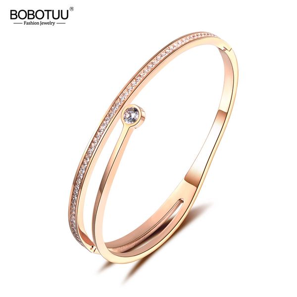 

bobotuu trendy branch stainless steel rhinestone cubic zirconia cuff bangles bracelets lovers jewelry for women gift bb18061, Black