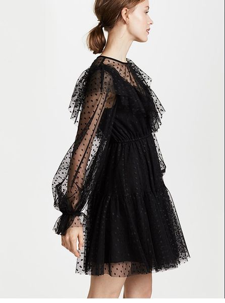 

v-neck polka dot wavy perspective ruffled black lace dress lantern sleeve high waist a-line jumper skirt, Black;gray