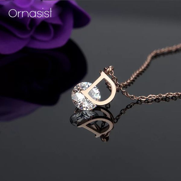 

luxury zircon titanium steel pendant necklace rose gold simple d letter clavicle short necklaces women jewelry, Silver