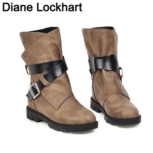 

fashion female punk gothic style buckle strap round toe boots women shoes zipper boot street haulage motor invierno botas mujer, Black