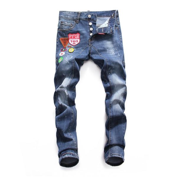 

new fashion mens jeans denim street black hole designer white stripe jeans hip hop skateboard pencil motorcycle men pants, Blue