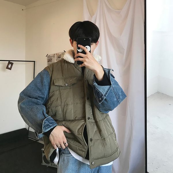 

lamb winter hair denim jacket men's slim warm thick fashion casual fake two-piece coat man streetwear wild loose cotton jacket, Black