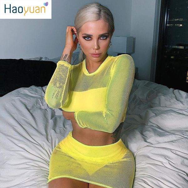 

haoyuan neon green yellow mesh fishnet two piece bodycon dress women crop skirt summer club outfits 2 pcs matching sets, White