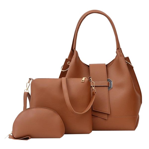 

3 piece set pu leather women handbag large capacity ladies shoulder bucket bag fashion women handbag brown