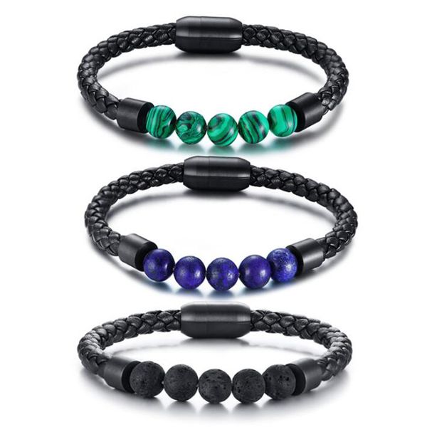 

fashion bracelet men microfiber leather balck/green/purp 8mm natural lava stone beads hiphop punk bracelet bangles boy jewelry, Black