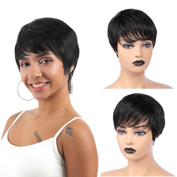 

short human hair wigs brazilian remy straight wig natural black color short wig with bangs mature wig