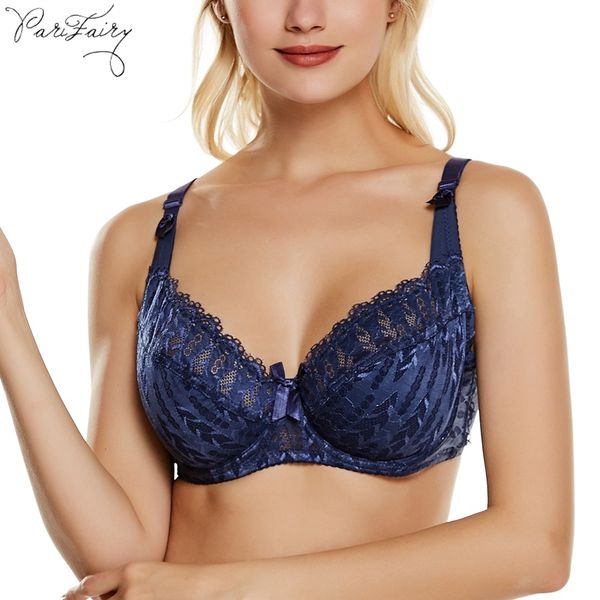

parifairy women push up unlined bra underwire full lace brassiere underwear bralette big cup 34de 36de 38de 40de 42de 44de, Red;black