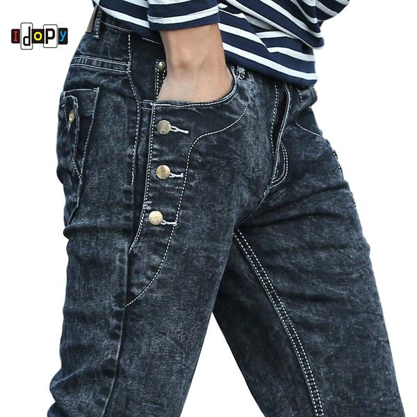 

idopy new skinny jeans men buttons stretchy elastic korean men jeans casual slim fit black hip hop denim pants trousers, Blue